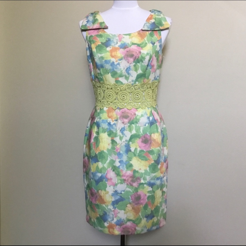 3/$15 VANITY spring Floral lace Bow sheath dress XS 2 4